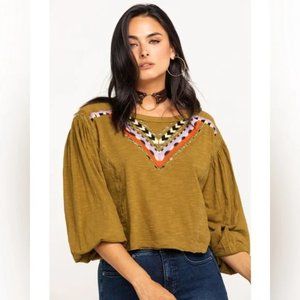Free People Embroidered Boho Green Hand Me Down Balloon Sleeve Blouse Size L